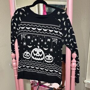 Black Halloween Sweatshirt with White Glow In The Dark Spider and Pumpkin Design